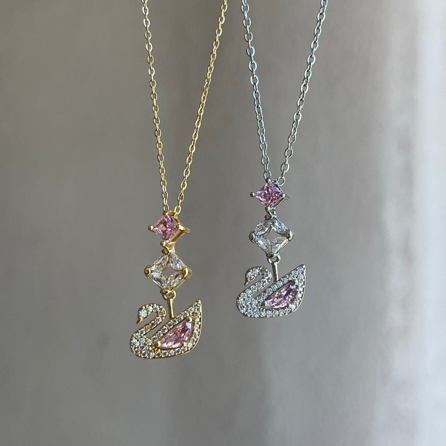Pembe Taşlı Kuğu Kolye Pembe