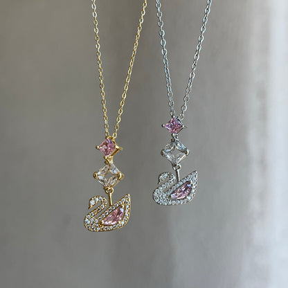 Pembe Taşlı Kuğu Kolye Pembe